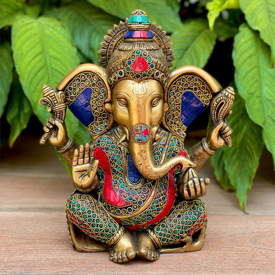Brass Lord Ganesha with Color Gemstones